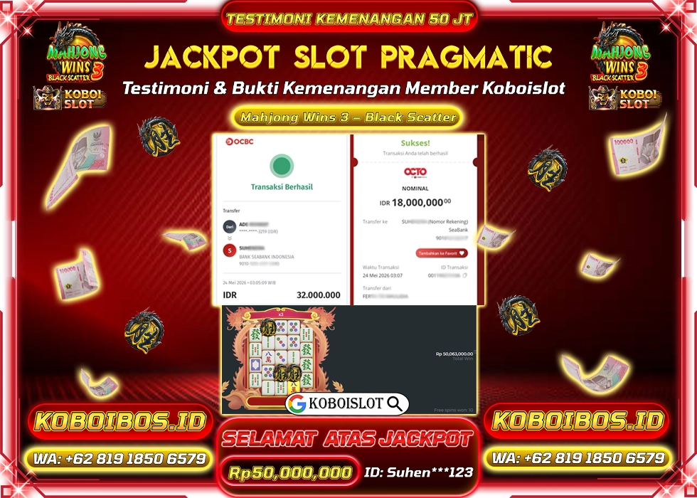 BUKTI KEMENANGAN ID Suhen***123 SLOT GACOR MAHJONG WINS 3 - BLACK SCATTER Rp50.000.000,- LUNAS